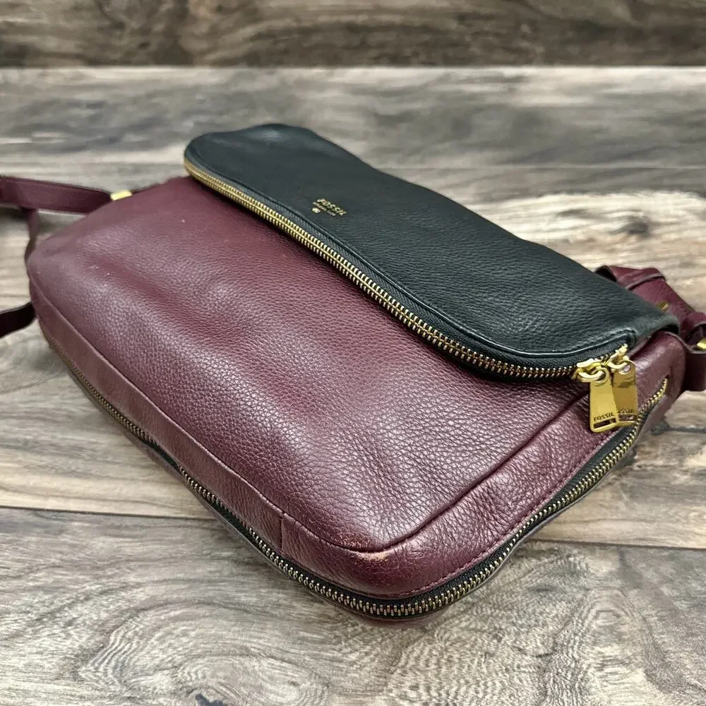 Fossil Leather Zipper Crossbody Shoulder Satchel Saddle Bag Black Burgundy - Picture 6 of 14